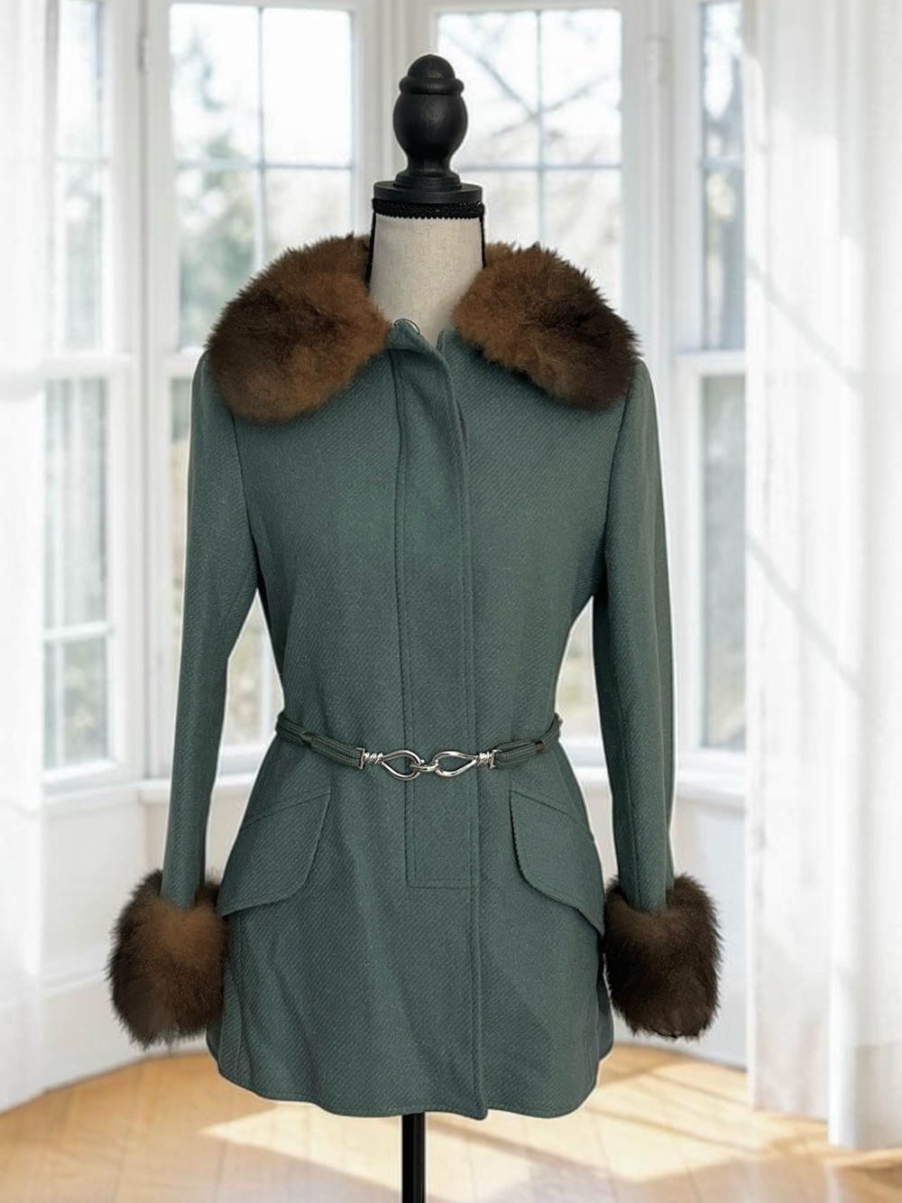 Vintage ILGWU 50’s/60’s Belted Wool Coat with Mink Fur Collar& Cuffs Teal Blue 8